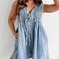 V-Neck Lace-Up Sleeveless Denim Shorts Jumpsuit: Darkblue / L