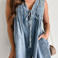 V-Neck Lace-Up Sleeveless Denim Shorts Jumpsuit: Darkblue / L