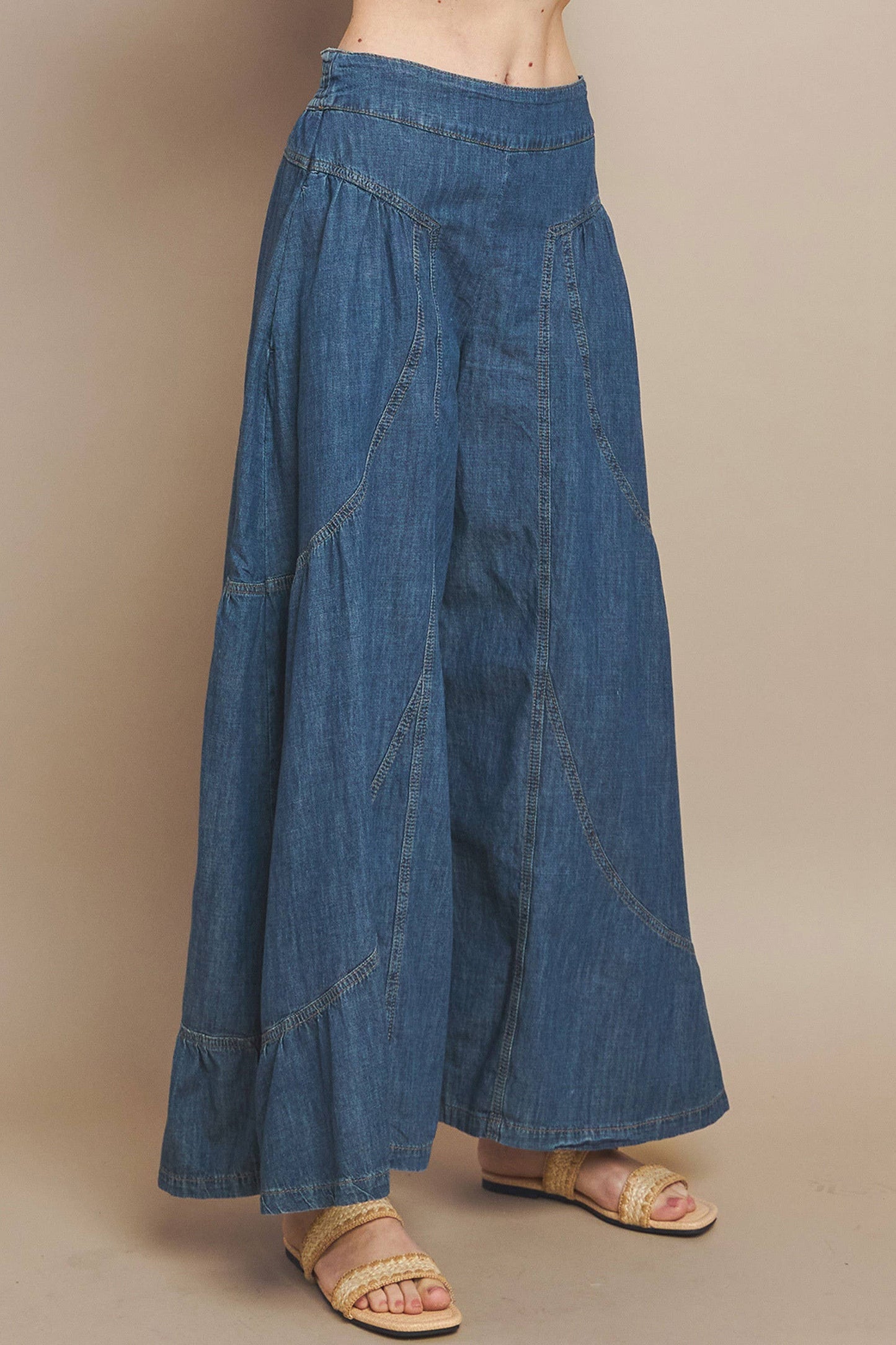 BOHO WIDE LEG DENIM TIERED PALAZZO PANTS