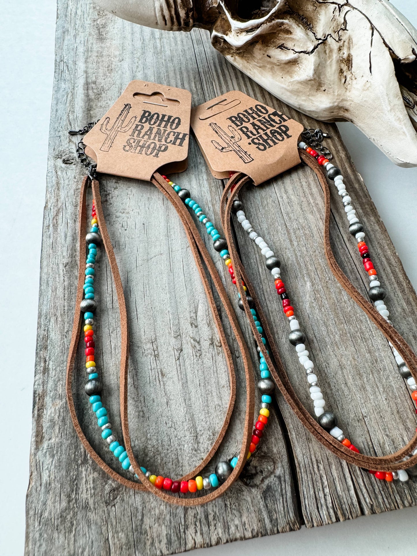 Western 3 Layered Suede Seed Bead Choker: TURQUOISE BEADS