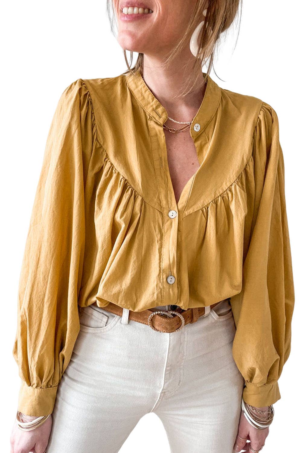Western Puff Sleeve Buttoned Shirt: L / Yellow