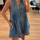 V-Neck Lace-Up Sleeveless Denim Shorts Jumpsuit: Darkblue / L