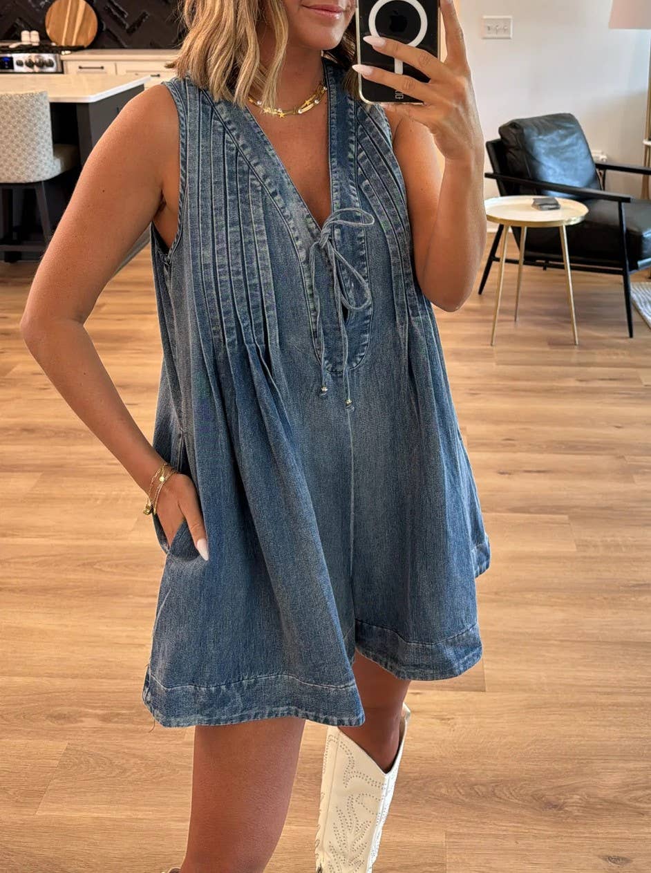 V-Neck Lace-Up Sleeveless Denim Shorts Jumpsuit: Darkblue / L