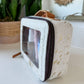 Cowhide Toiletry Makeup Bag, organizer, Shaving Travel Bag: TAN + WHITE