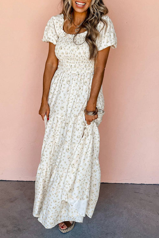 White Frilly Shirred Bodice Tiered Floral Maxi Dress: L