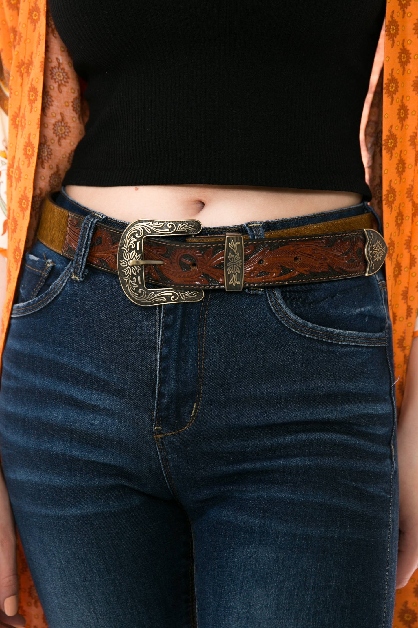 Mixed media tooled leather belt #ABB 003: 34