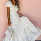 White Frilly Shirred Bodice Tiered Floral Maxi Dress: XL