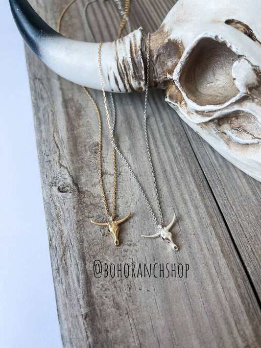 Western Longhorn Steer Dainty Necklace: Matte Silver