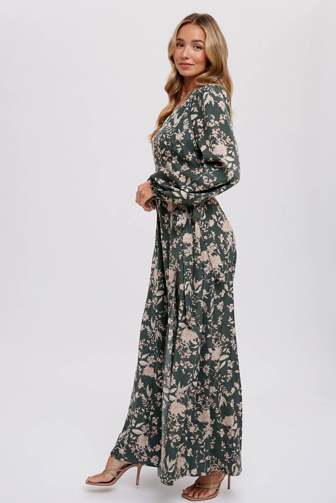 FLORAL PRINT WRAP MAXI DRESS: HUNTER GREEN