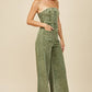 BOHO MINERAL WASH WIDE LEG DENIM JUMPSUIT 4406DEEP OLIVE :