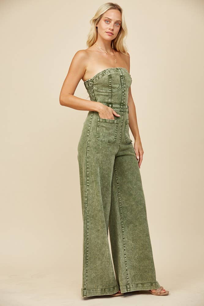 BOHO MINERAL WASH WIDE LEG DENIM JUMPSUIT 4406DEEP OLIVE :