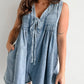 V-Neck Lace-Up Sleeveless Denim Shorts Jumpsuit: Darkblue / L