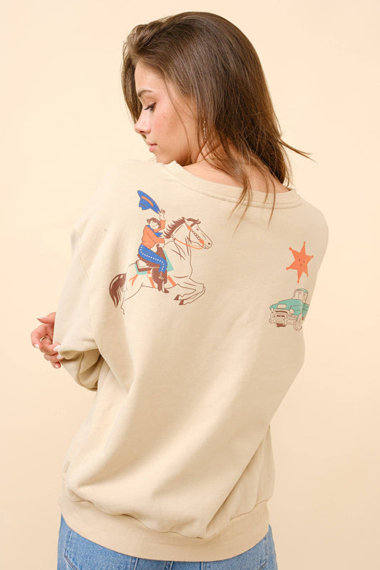 Western Graphic Howdy Sweatshirt: TAUPE