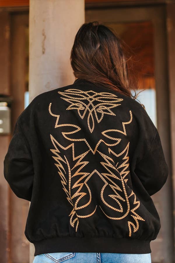 Black Suede Boot Stitching Embroidery Bomber Jacket: