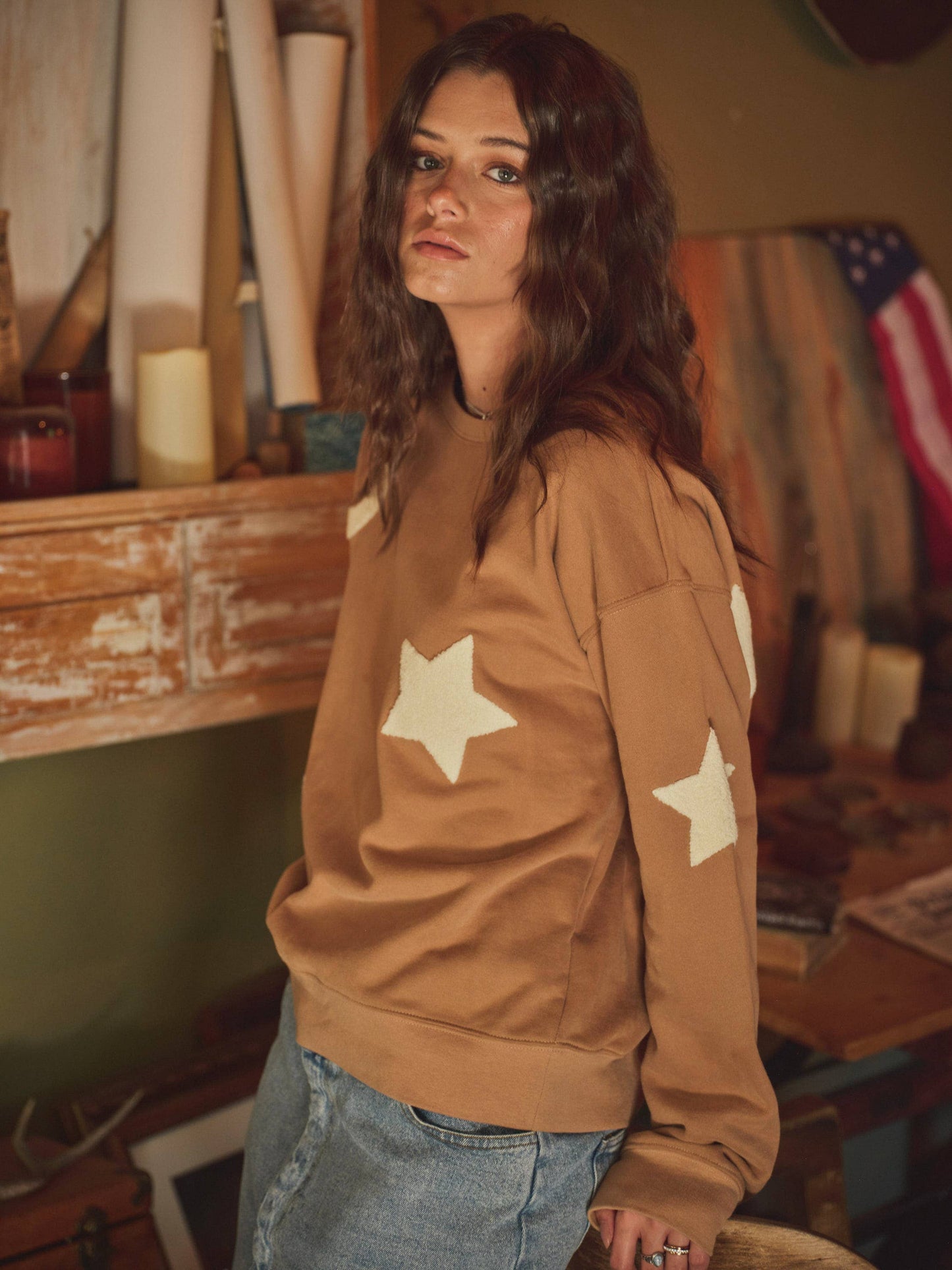 35073T - Western Textured Patchwork Sweatshirt: OLIVE / S