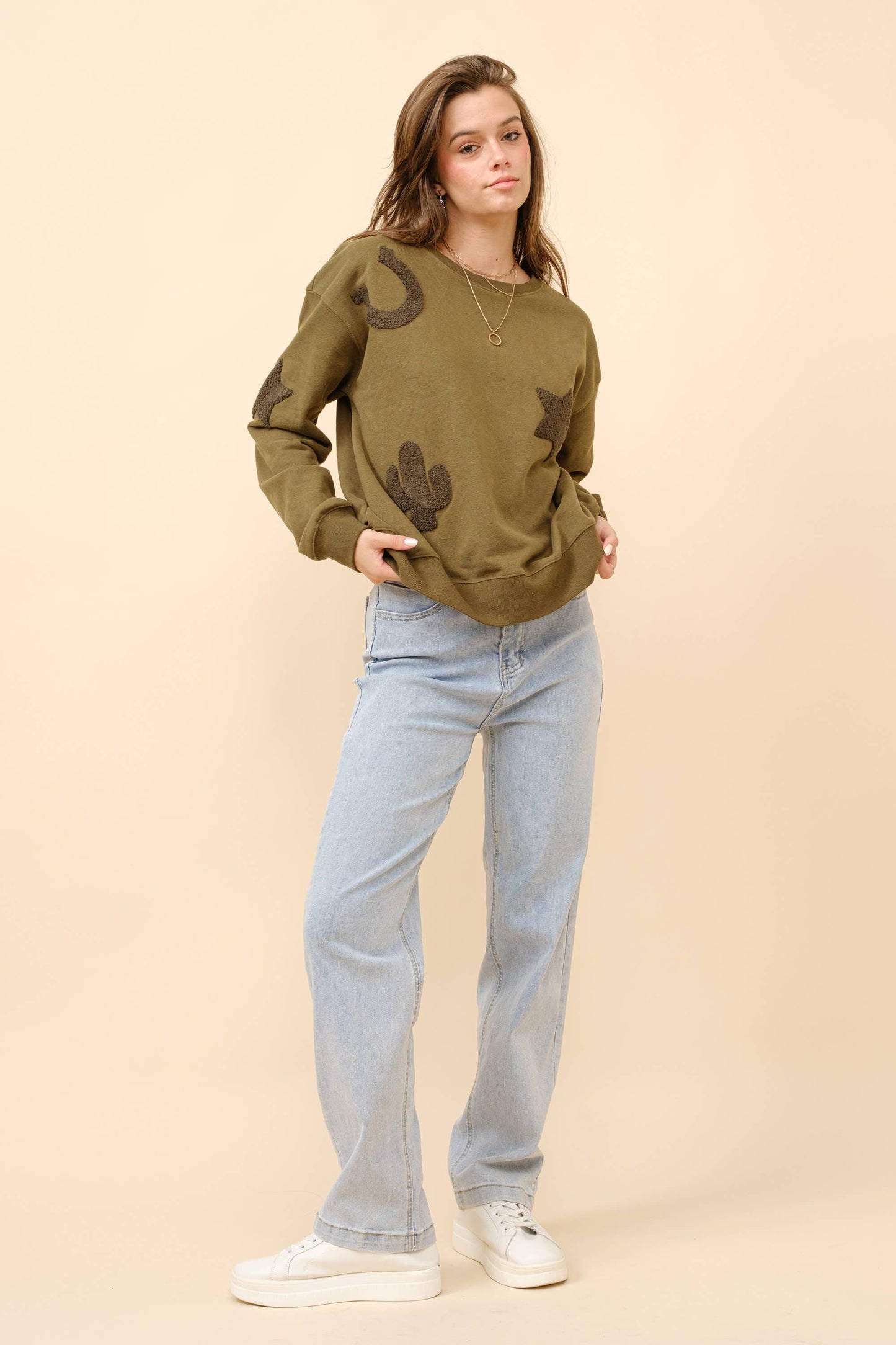 35073T - Western Textured Patchwork Sweatshirt: OLIVE / S