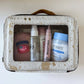 Cowhide Toiletry Makeup Bag, organizer, Shaving Travel Bag: TAN + WHITE