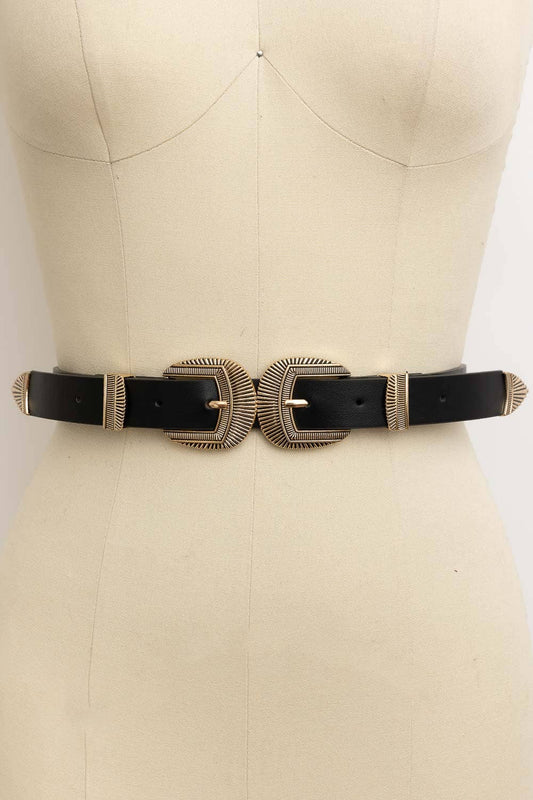 Bestseller! - Double Buckle Faux Leather Western Style Belt: Black