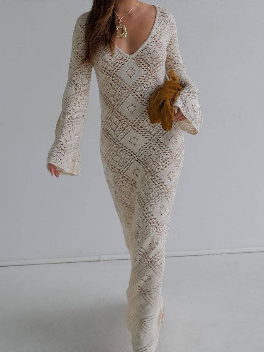 Sweetkama Ladies Crochet V-Neck Long Sleeves Long Knit Dress: M
