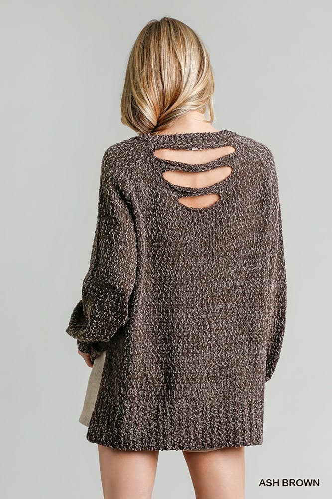 V-Neck Distressed Knit Sweater with Side Slits and Cut Out B: L / ASH BROWN