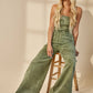 BOHO MINERAL WASH WIDE LEG DENIM JUMPSUIT 4406DEEP OLIVE :