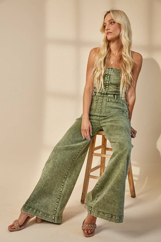 BOHO MINERAL WASH WIDE LEG DENIM JUMPSUIT 4406DEEP OLIVE :