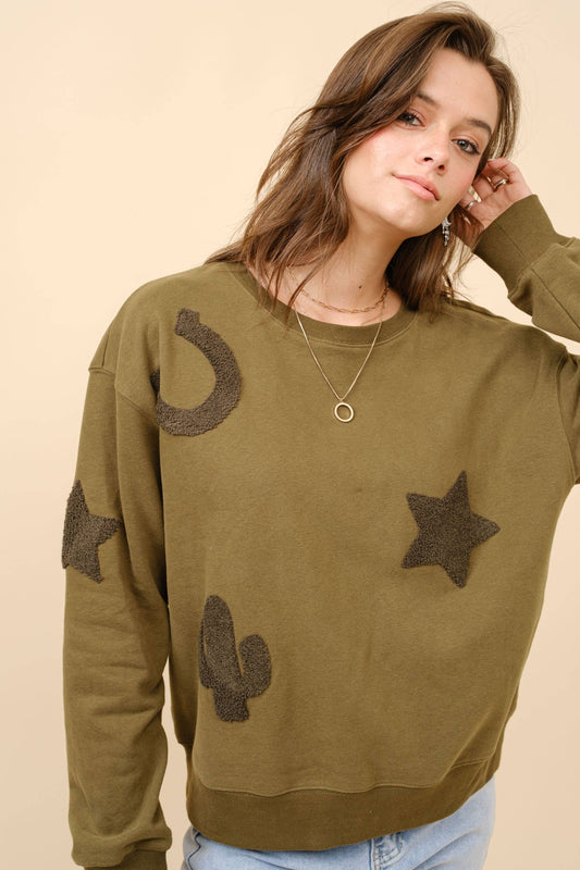 35073T - Western Textured Patchwork Sweatshirt: OLIVE / L