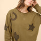 35073T - Western Textured Patchwork Sweatshirt: OLIVE / S