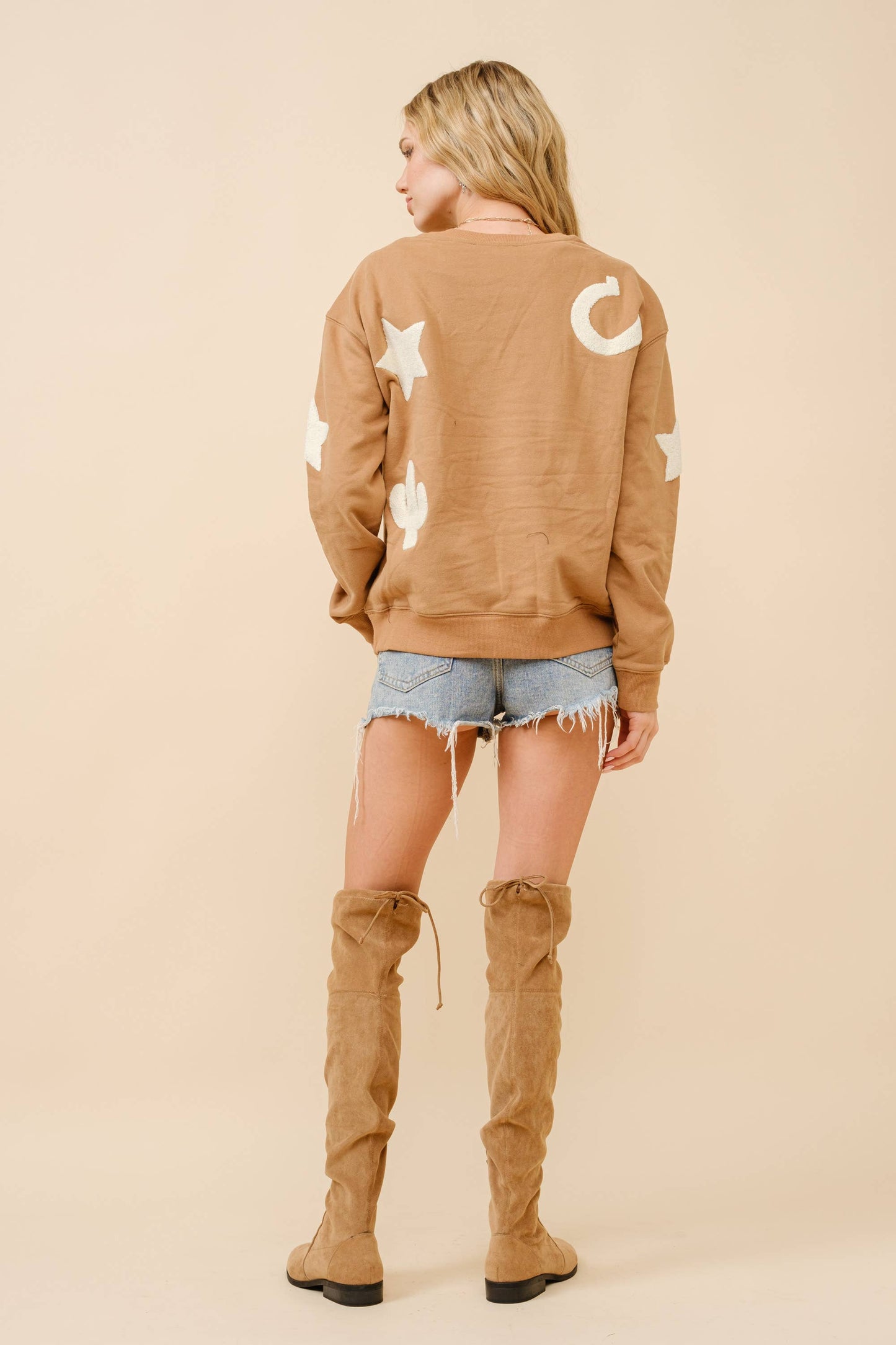 35073T - Western Textured Patchwork Sweatshirt: OLIVE / S