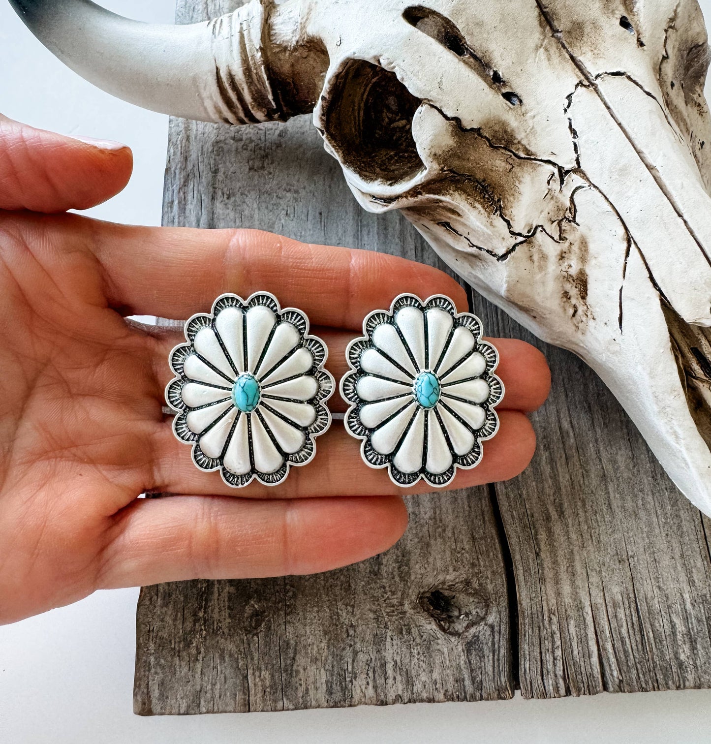 Western Large Concho Stud Earrings: WHITE