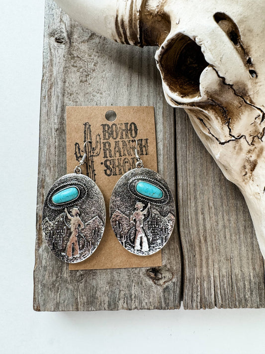 Western Scenery Cowgirl Theme Dangle Earrings: TURQUOISE