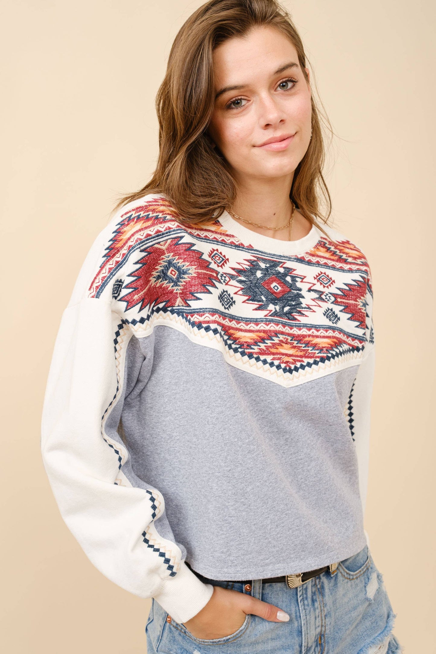 23065T - Aztec Embroidered Contrast Yoke Sweastshirt: HEATHER GREY / S