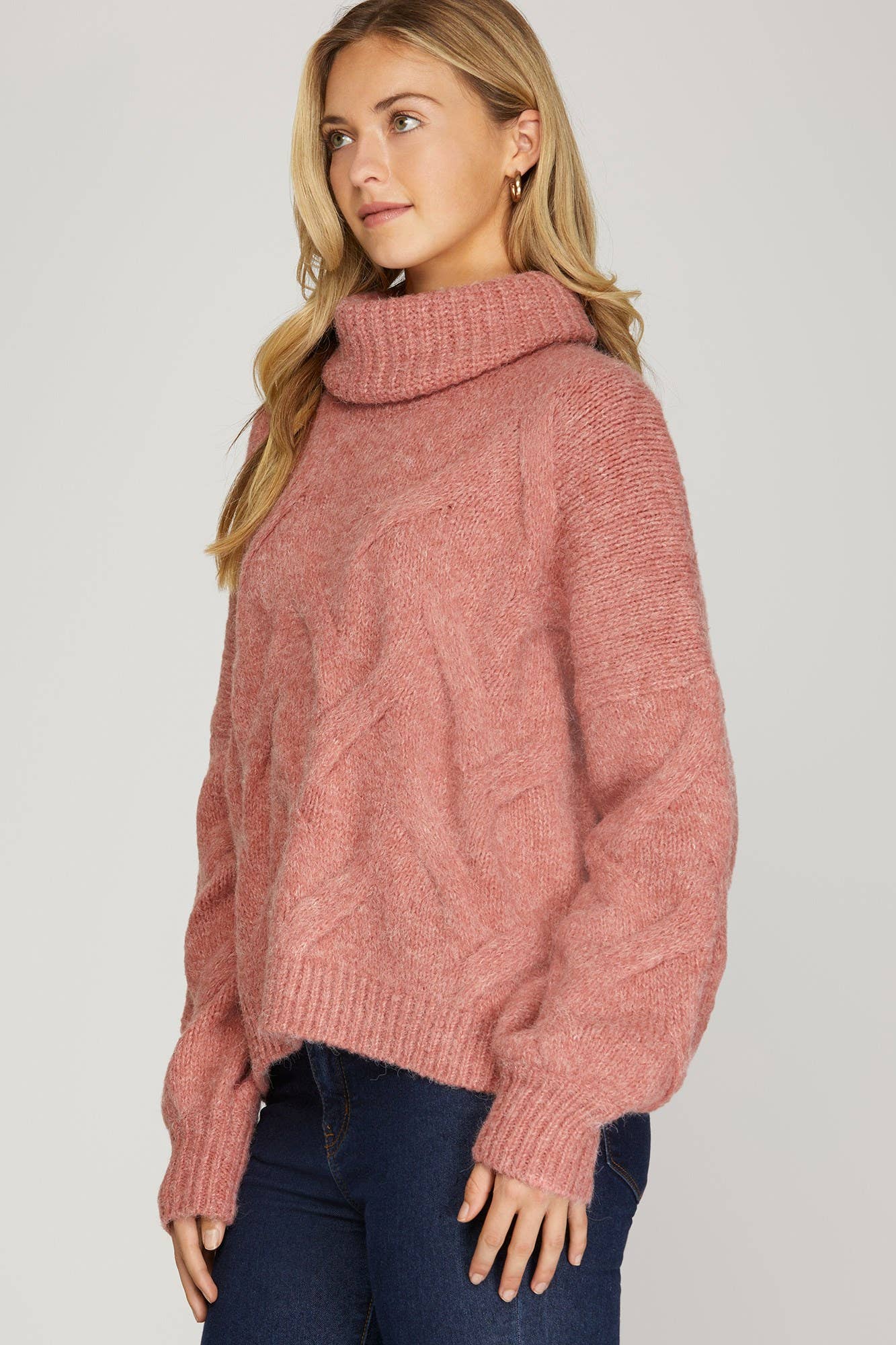 LONG SLEEVE TURTLENECK CABLE KNIT SWEATER TOP: S / CREAM