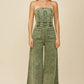 BOHO MINERAL WASH WIDE LEG DENIM JUMPSUIT 4406DEEP OLIVE :