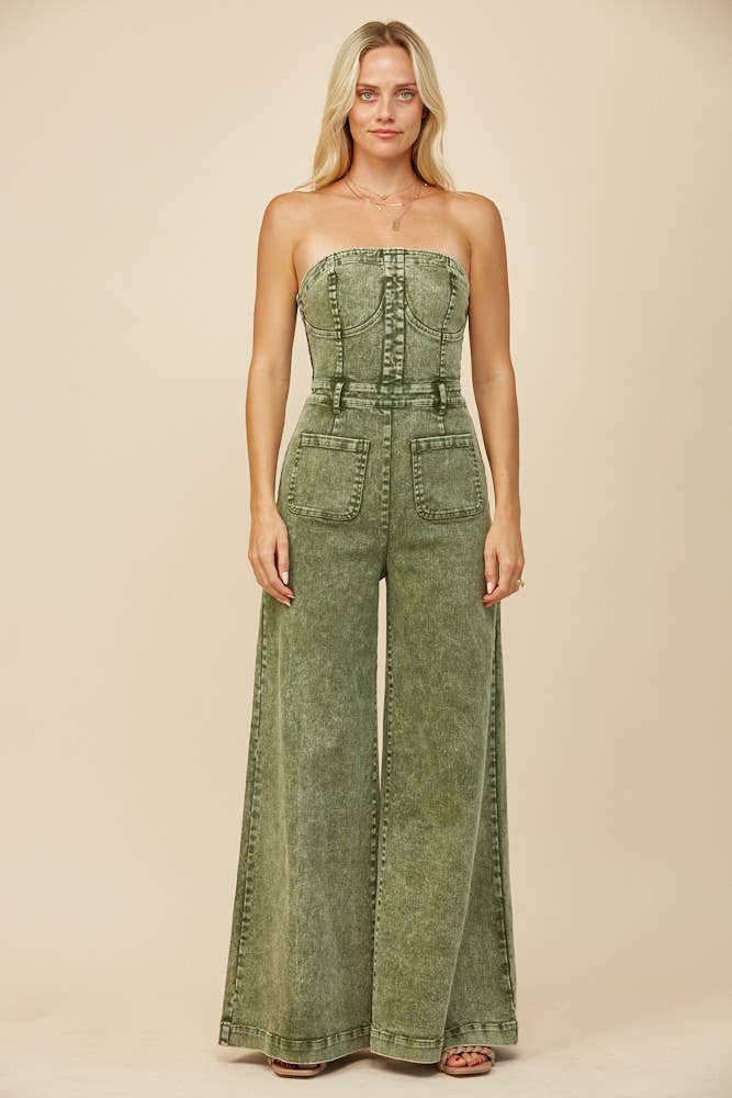 BOHO MINERAL WASH WIDE LEG DENIM JUMPSUIT 4406DEEP OLIVE :