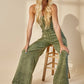 BOHO MINERAL WASH WIDE LEG DENIM JUMPSUIT 4406DEEP OLIVE :