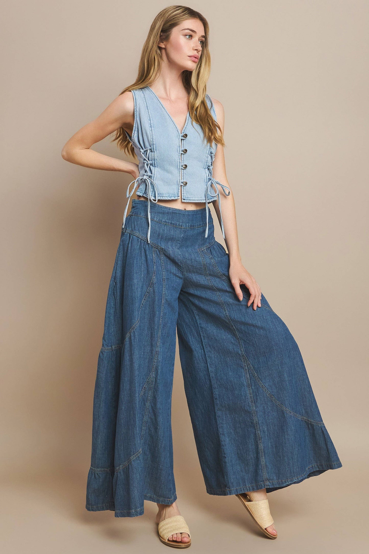 BOHO WIDE LEG DENIM TIERED PALAZZO PANTS