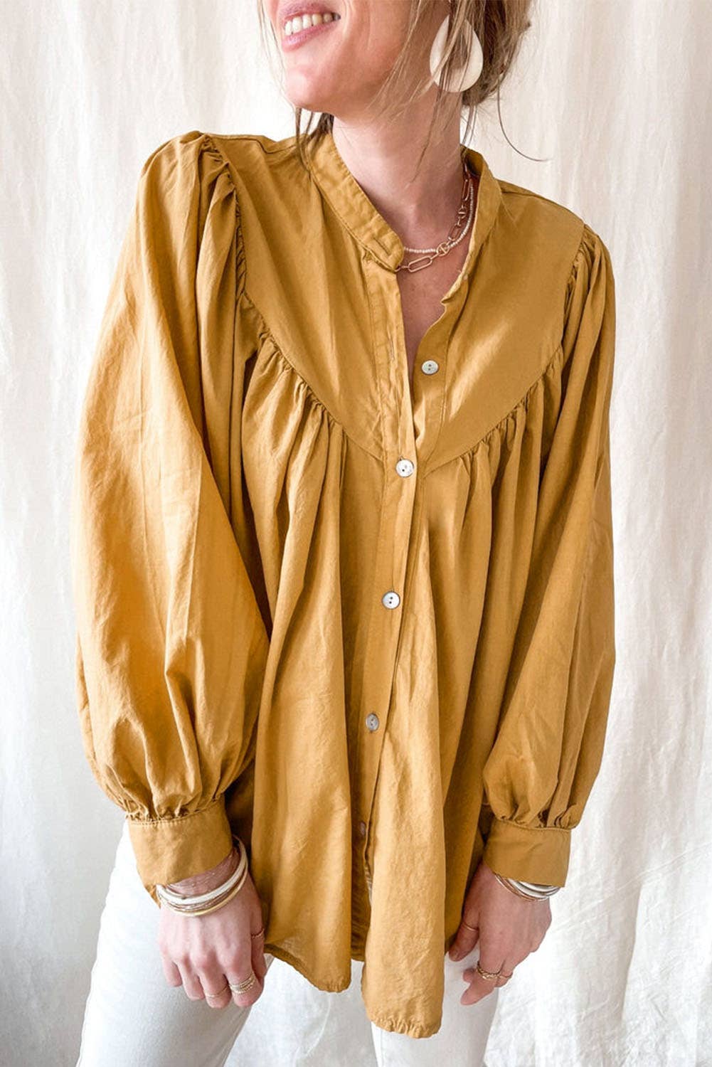 Western Puff Sleeve Buttoned Shirt: M / Yellow