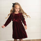 Kids Christmas Holiday Burgundy Wine Velvet Bow Ruffle Dress: 3/4