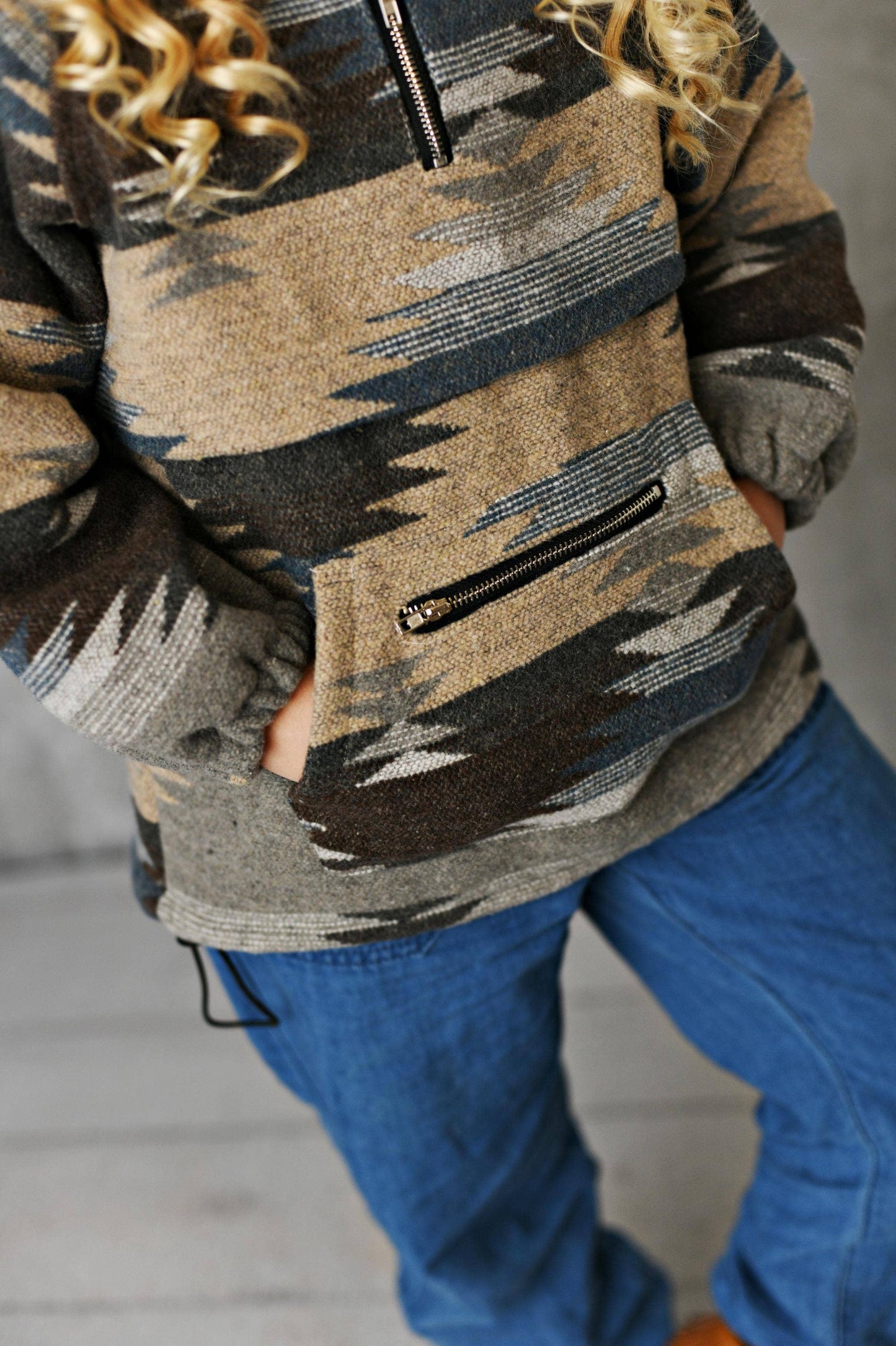 Kids Tribal Western Print Hooded Zipper Pocket Fall Sweater: 7/8