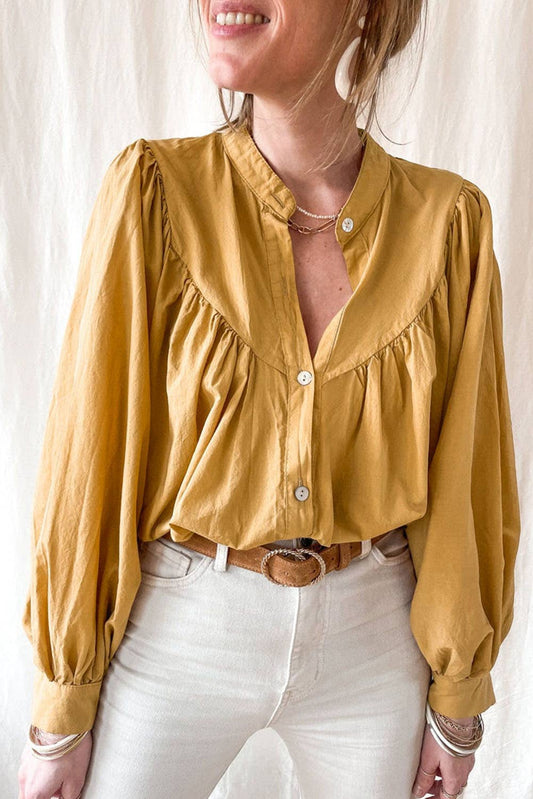 Western Puff Sleeve Buttoned Shirt: M / Yellow