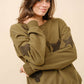 35073T - Western Textured Patchwork Sweatshirt: OLIVE / S