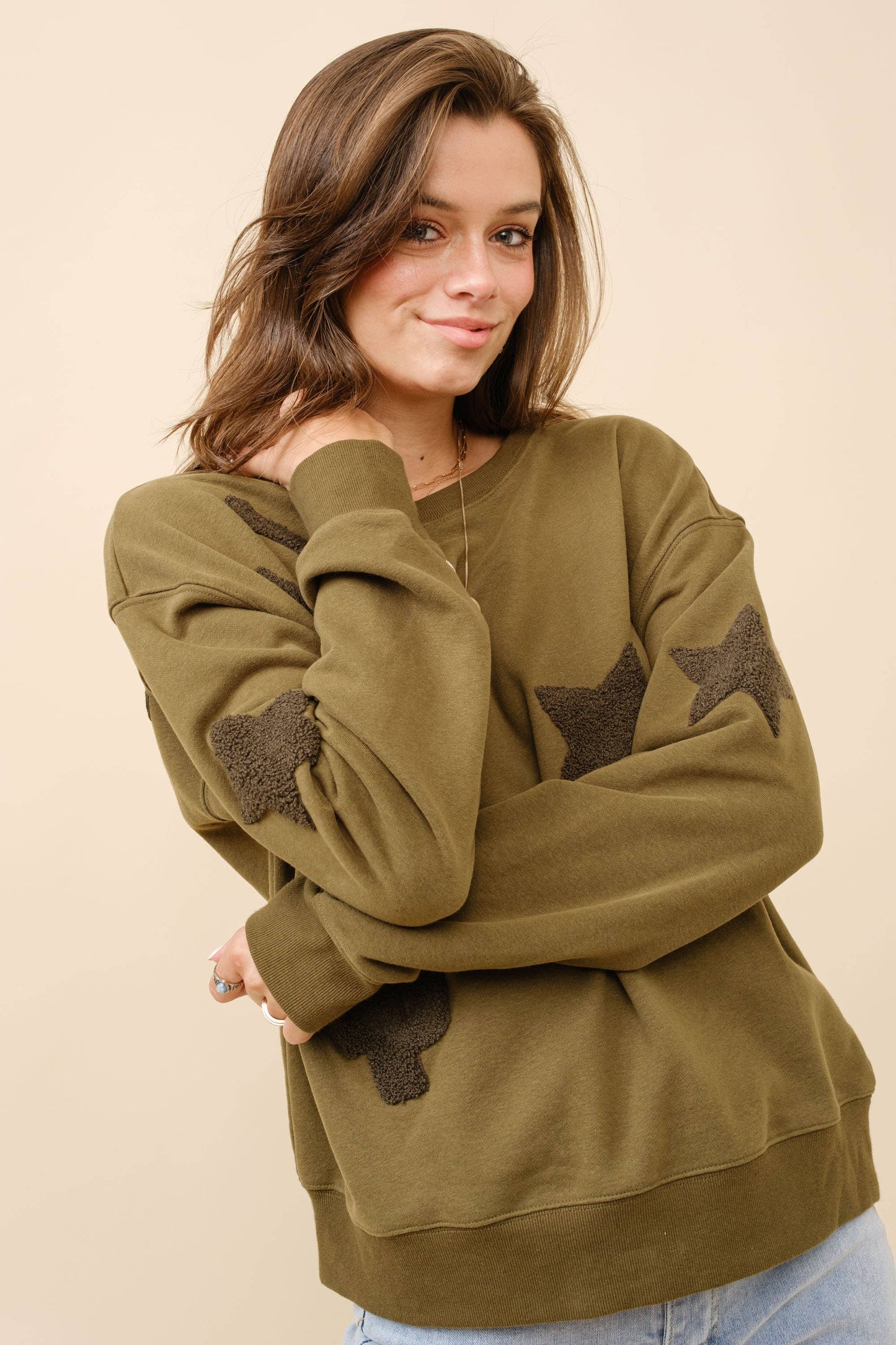 35073T - Western Textured Patchwork Sweatshirt: OLIVE / S