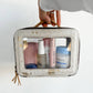 Cowhide Toiletry Makeup Bag, organizer, Shaving Travel Bag: TAN + WHITE