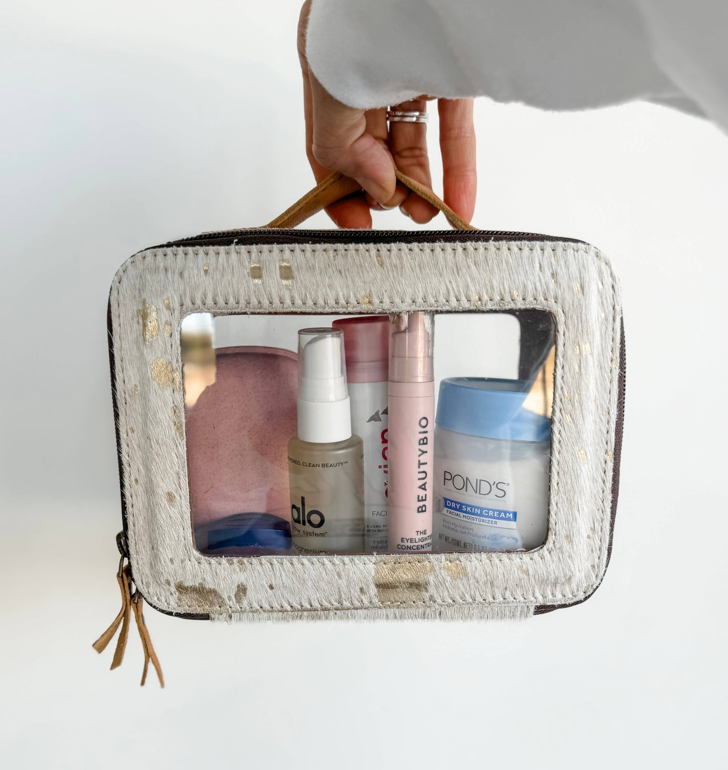 Cowhide Toiletry Makeup Bag, organizer, Shaving Travel Bag: TAN + WHITE