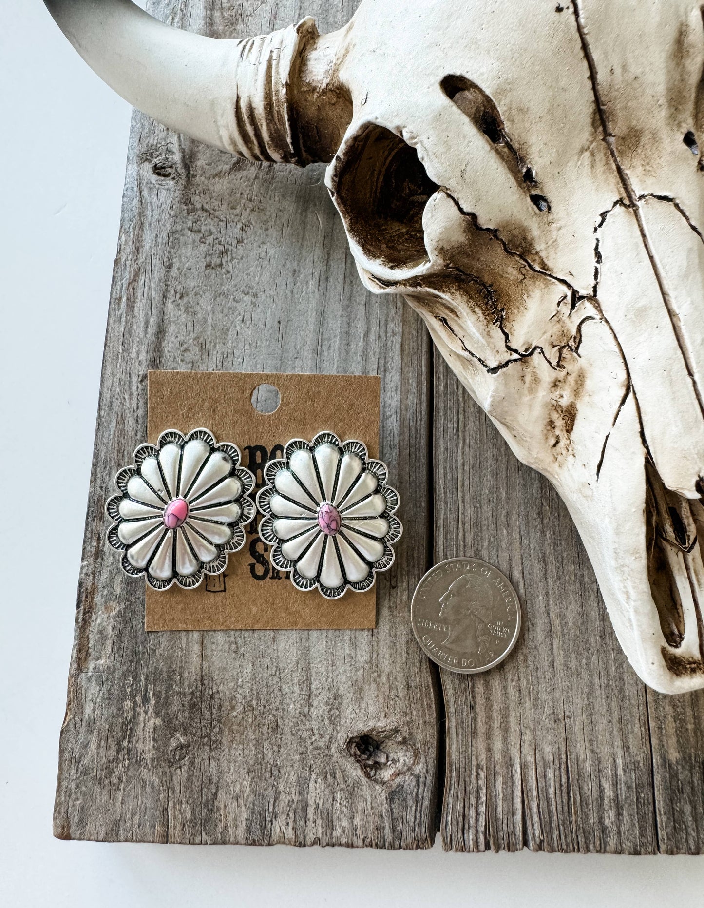 Western Large Concho Stud Earrings: WHITE