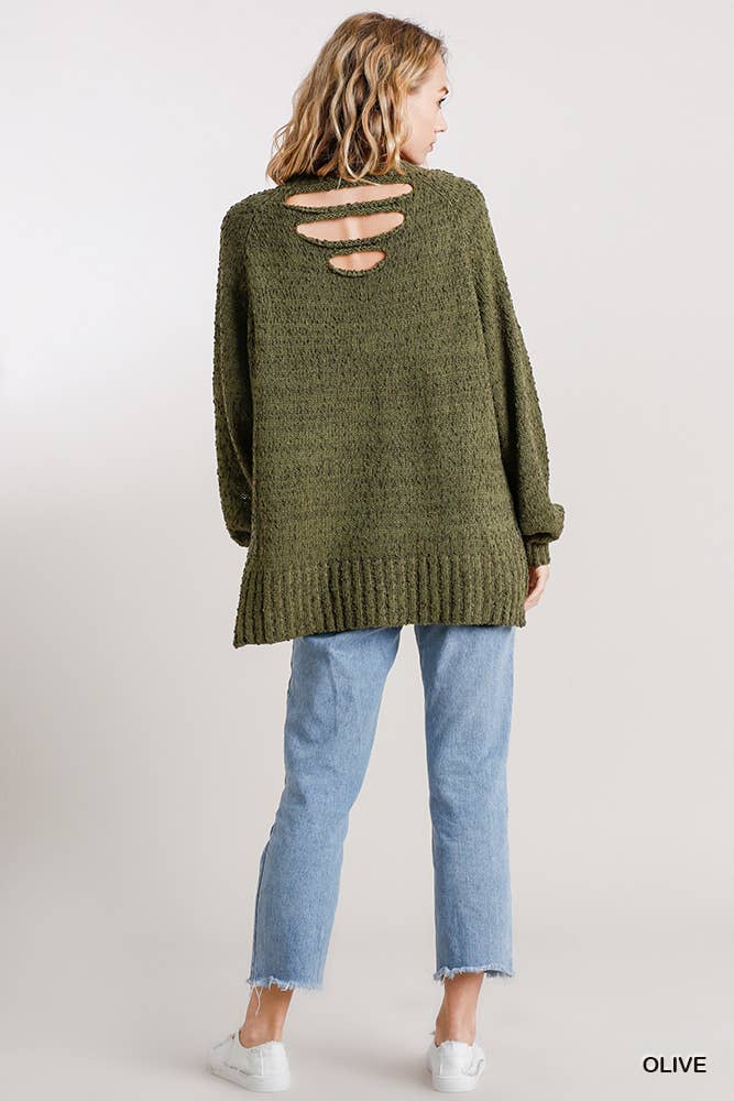 V-Neck Distressed Knit Sweater with Side Slits and Cut Out B: L / ASH BROWN