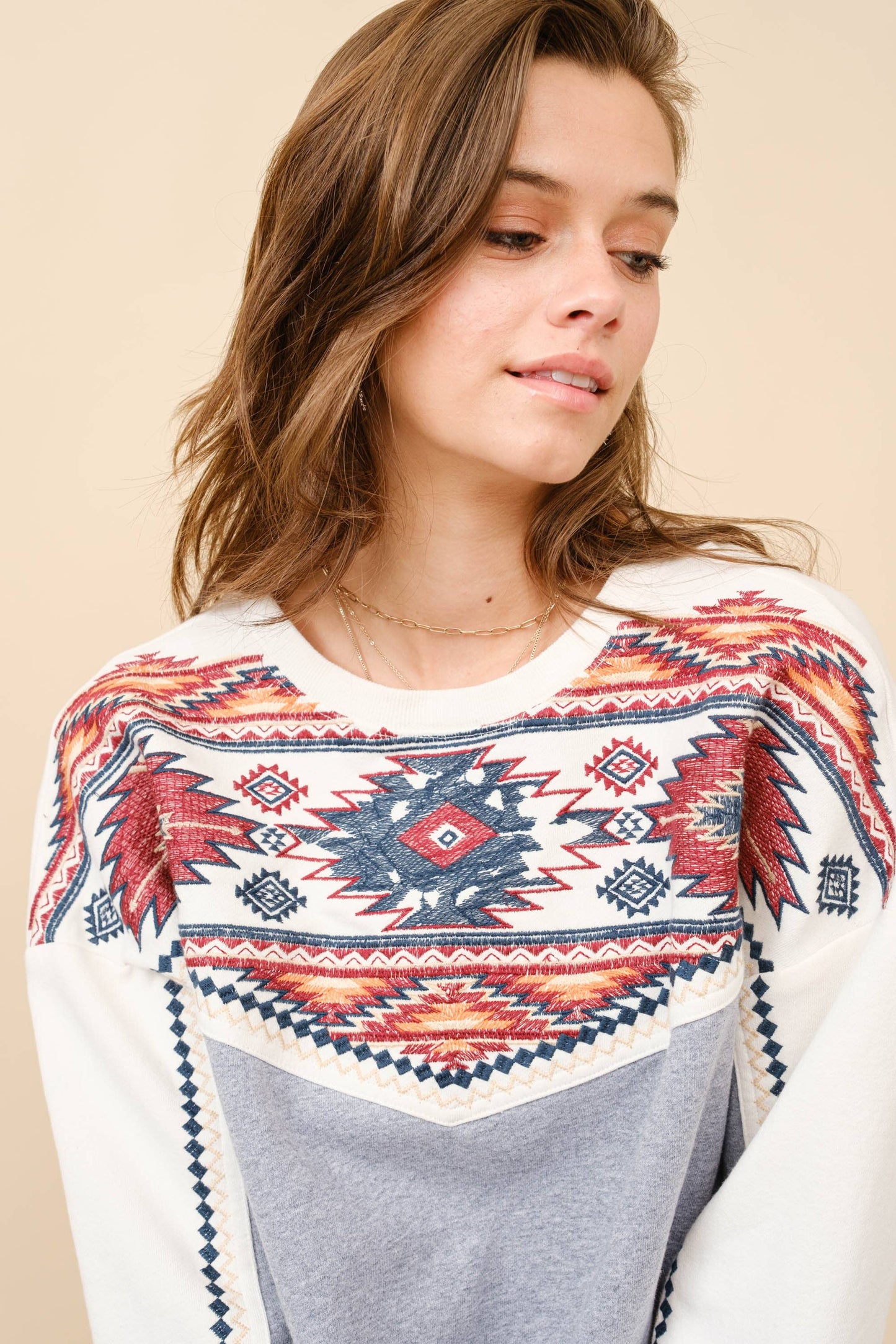 23065T - Aztec Embroidered Contrast Yoke Sweastshirt: HEATHER GREY / S