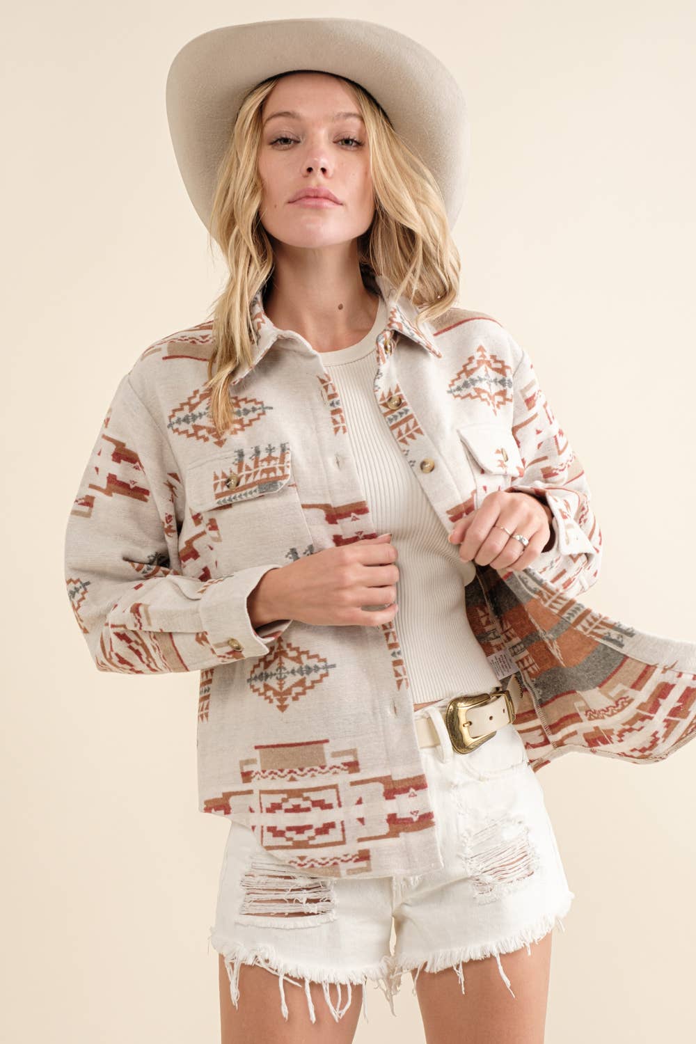 Aztec Chest Pocket Front Loose Shirt Jacket: TAUPE