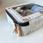 Cowhide Toiletry Makeup Bag, organizer, Shaving Travel Bag: TAN + WHITE